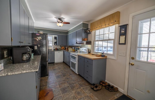 kitchen with extractor fan, gray cabinetry, white appliances, open shelves, and crown molding