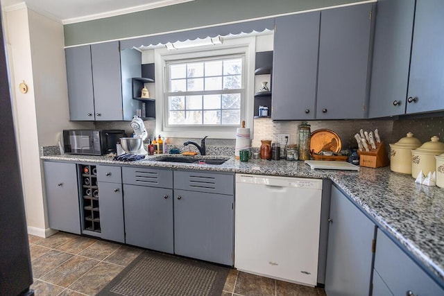 kitchen with open shelves, tasteful backsplash, a sink, black microwave, and dishwasher