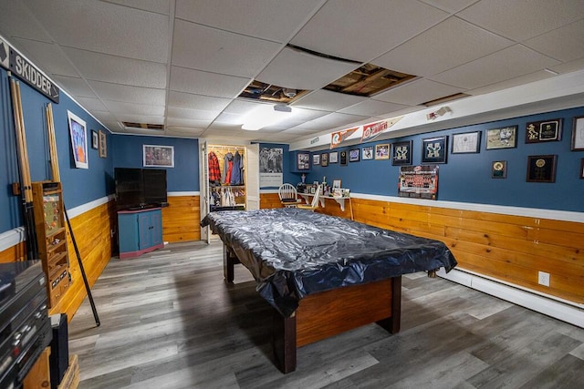 recreation room featuring a wainscoted wall, billiards, wood finished floors, and wooden walls