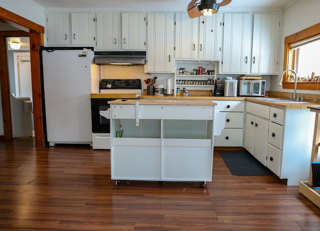 kitchen with under cabinet range hood, white appliances, dark wood-style flooring, a sink, and white cabinets