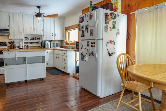 kitchen with dark wood-type flooring, freestanding refrigerator, a sink, and under cabinet range hood