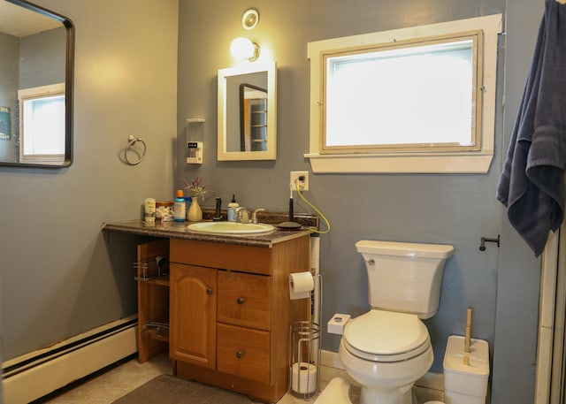 bathroom featuring a baseboard radiator, vanity, and toilet