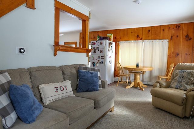 living area with wood walls and carpet flooring