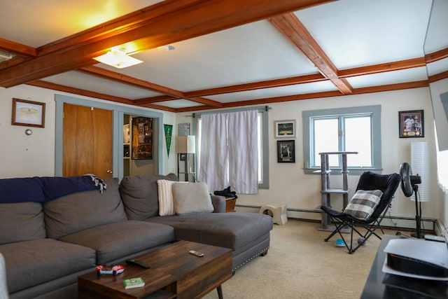 living room with light carpet, baseboard heating, coffered ceiling, and beam ceiling