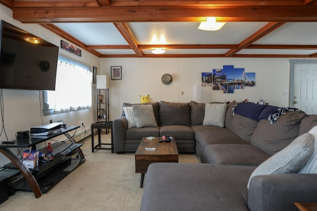 living area featuring coffered ceiling, beam ceiling, and light colored carpet