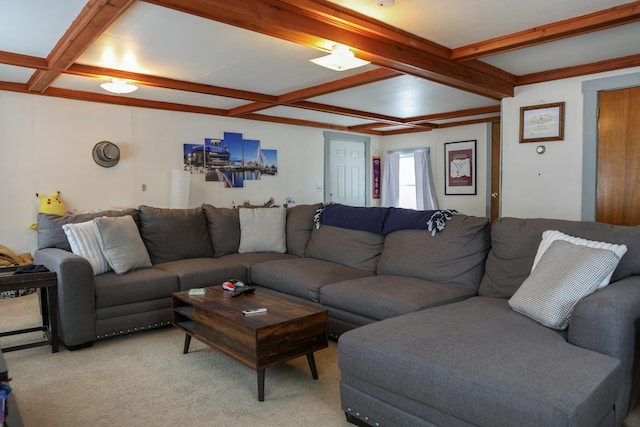 living area featuring coffered ceiling, beam ceiling, and light colored carpet