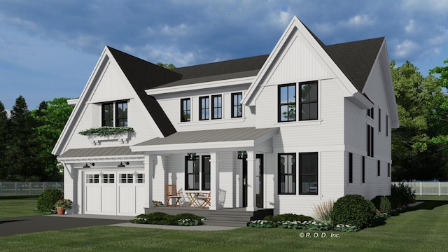 view of front facade with an attached garage, covered porch, aphalt driveway, and a front yard