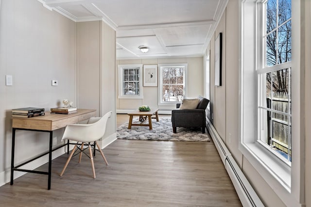 office featuring crown molding, wood finished floors, and baseboard heating