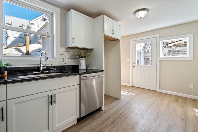 kitchen featuring backsplash, a sink, plenty of natural light, and stainless steel dishwasher