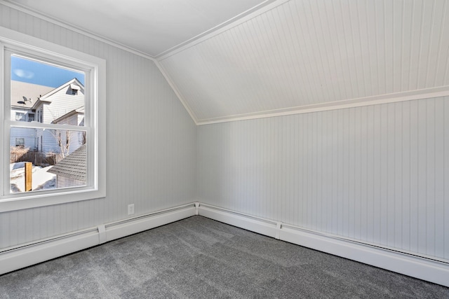 bonus room featuring vaulted ceiling, carpet, and a baseboard radiator