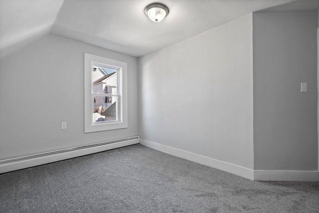 additional living space featuring vaulted ceiling, carpet, baseboards, and a baseboard radiator