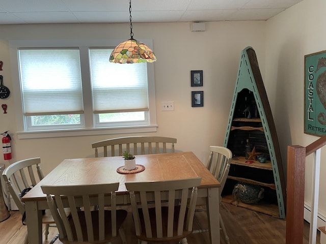 dining space featuring a paneled ceiling and wood finished floors