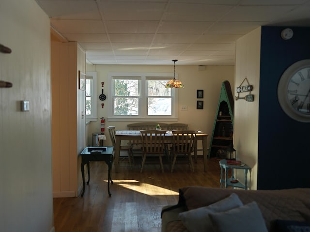 dining area featuring wood finished floors and a paneled ceiling