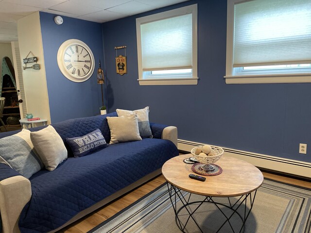 living area with a baseboard radiator and wood finished floors