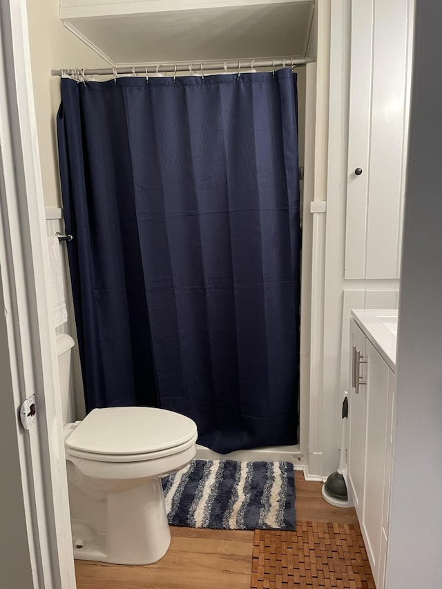 full bathroom featuring toilet, vanity, and a shower with curtain