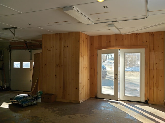 interior space featuring wood walls