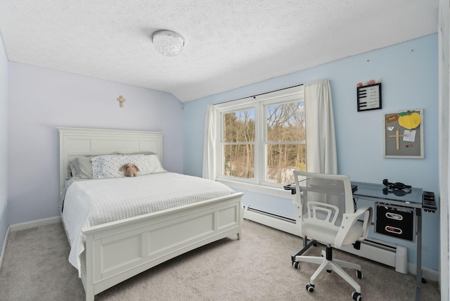 bedroom with baseboards, light colored carpet, lofted ceiling, baseboard heating, and a textured ceiling