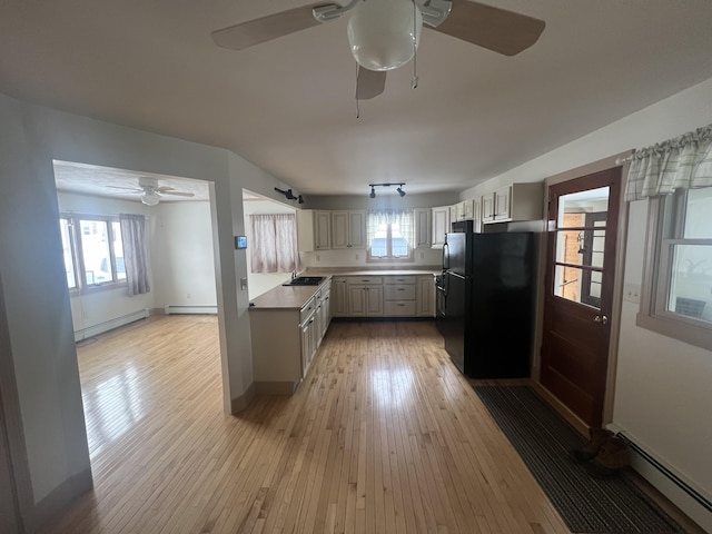 kitchen featuring light wood-type flooring, a wealth of natural light, a sink, and freestanding refrigerator