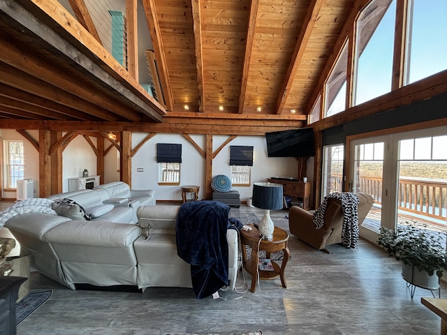 interior space with high vaulted ceiling, beamed ceiling, wooden ceiling, and a wealth of natural light