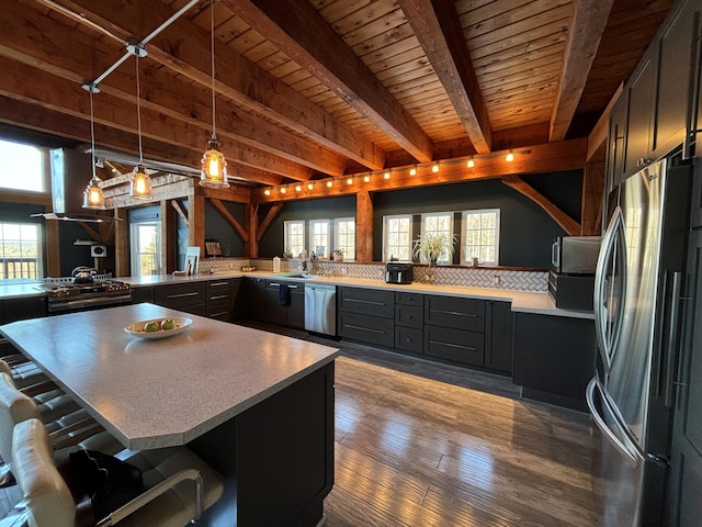 kitchen featuring stainless steel appliances, a kitchen bar, a wealth of natural light, and island range hood