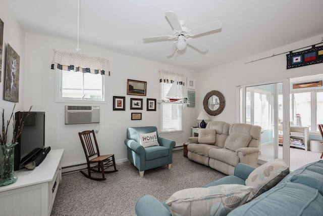 454 Post Rd Unit 128, Wells, ME 04090 - living area with a wall mounted air conditioner, carpet, ceiling fan, and plenty of natural light