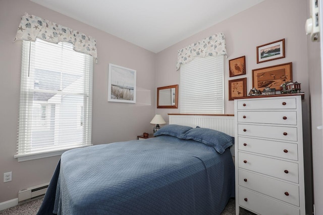 454 Post Rd Unit 128, Wells, ME 04090 - bedroom featuring baseboards, carpet floors, baseboard heating, and multiple windows