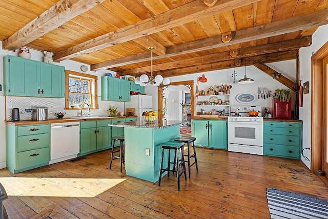 kitchen featuring tasteful backsplash, wood ceiling, a sink, white appliances, and green cabinetry