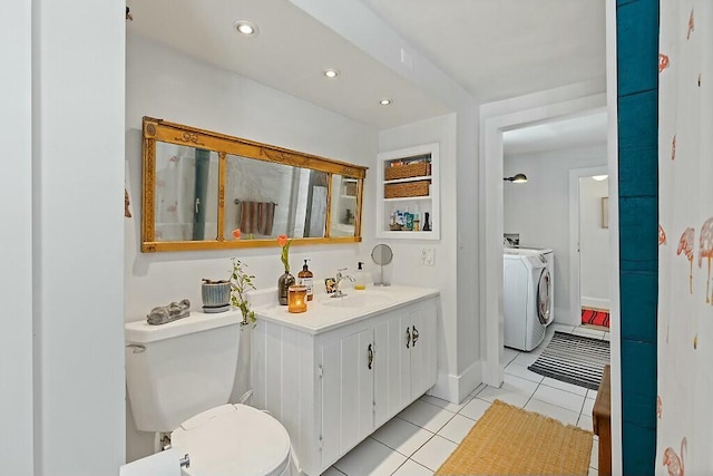 bathroom with toilet, tile patterned flooring, vanity, separate washer and dryer, and recessed lighting