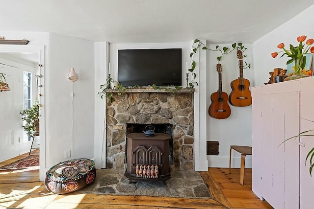 living area featuring wood finished floors and a wood stove