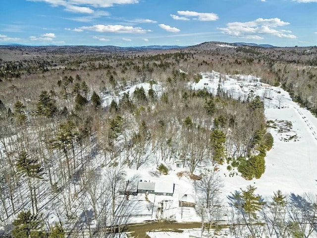 snowy aerial view with a mountain view