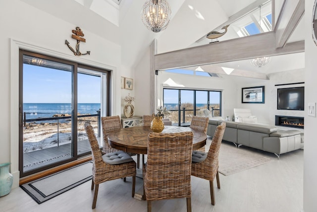 dining room featuring a chandelier, light wood finished floors, and a glass covered fireplace