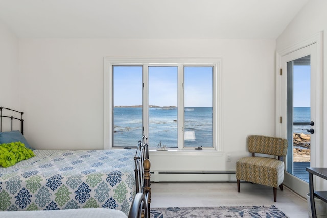 bedroom featuring lofted ceiling, a water view, baseboard heating, and wood finished floors