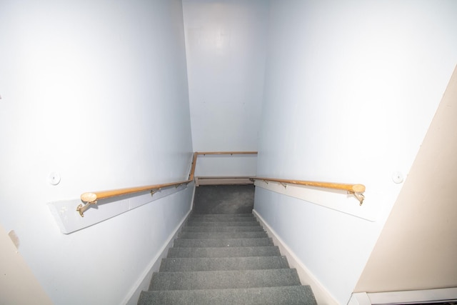 staircase featuring a baseboard radiator and carpet