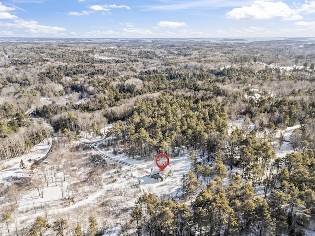 drone / aerial view featuring a wooded view