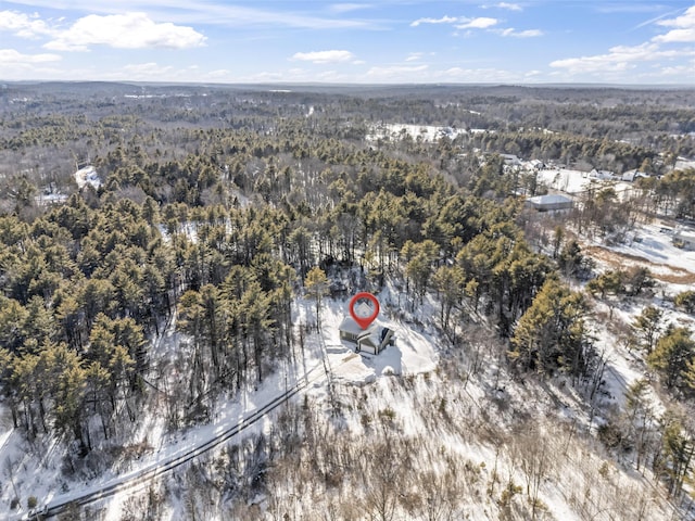 drone / aerial view with a wooded view