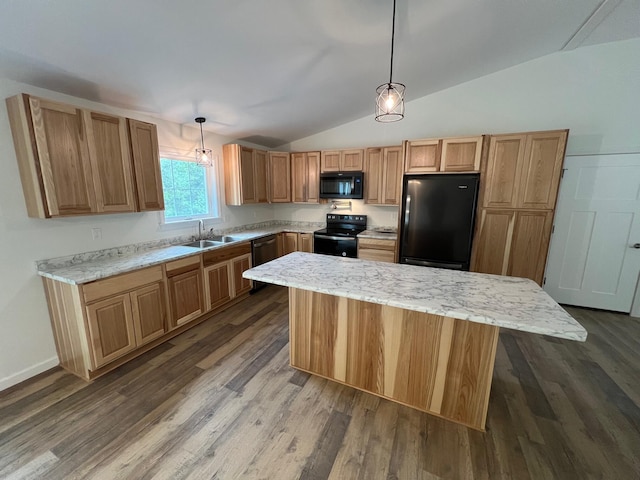 128 Main Street Hl, Dexter, ME 04930 - kitchen with black appliances, a sink, lofted ceiling, dark wood-type flooring, and a center island
