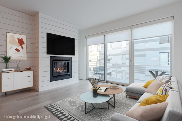 living room featuring light wood-type flooring and a glass covered fireplace