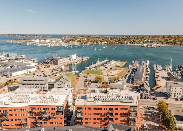 bird's eye view with a water view and a view of city