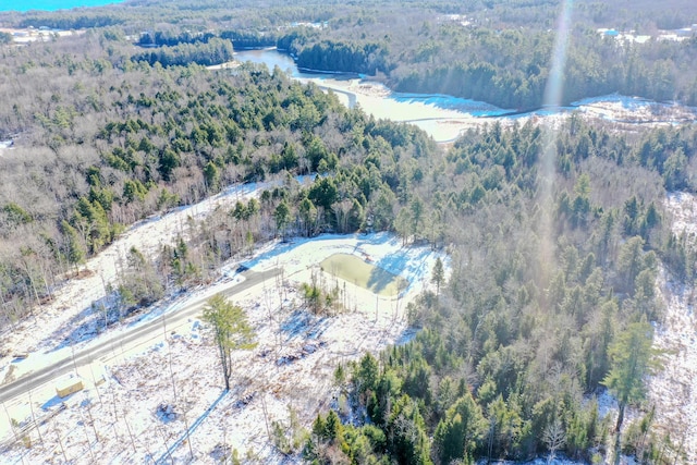 birds eye view of property featuring a wooded view