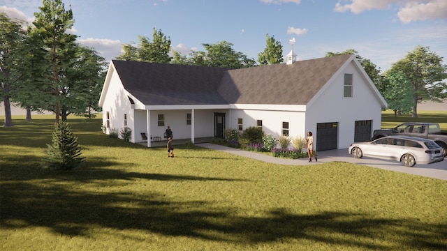 modern farmhouse style home with a garage, driveway, a front lawn, and stucco siding