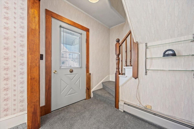 interior space with a baseboard radiator, ornamental molding, stairway, carpet, and wallpapered walls