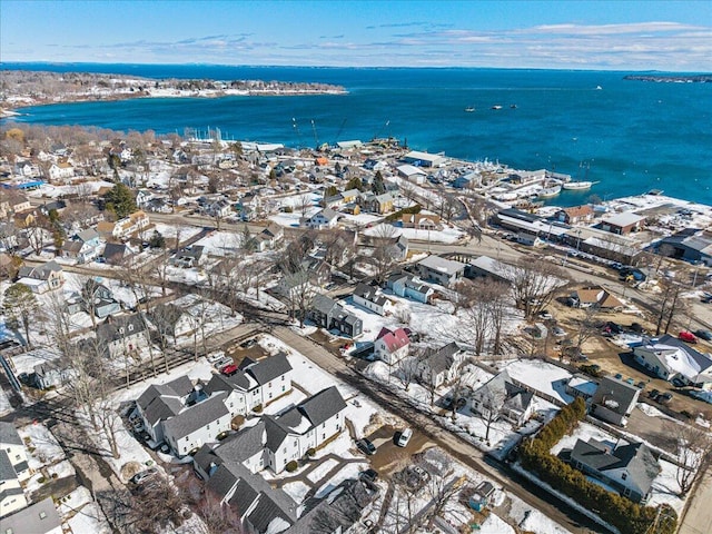 aerial view featuring a water view and a residential view