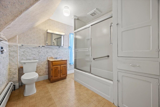 full bathroom with visible vents, toilet, baseboard heating, vaulted ceiling, and wallpapered walls