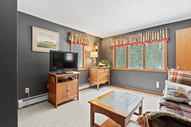 living room featuring a baseboard radiator, baseboards, a textured ceiling, and light colored carpet