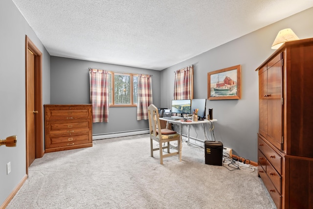 carpeted office featuring a textured ceiling, a baseboard radiator, and baseboards