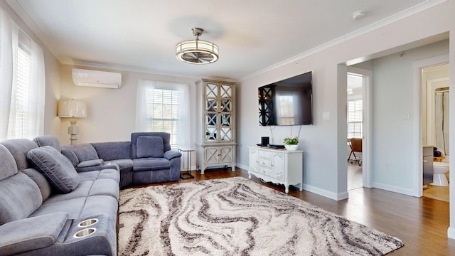 7 Dogleg Dr, Windham, ME 04062 - living room with a wall mounted AC, healthy amount of natural light, crown molding, and dark wood-style floors
