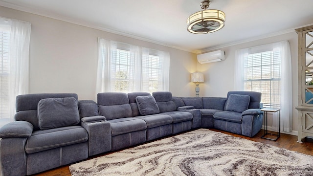 7 Dogleg Dr, Windham, ME 04062 - living room with an AC wall unit, healthy amount of natural light, ornamental molding, and wood finished floors