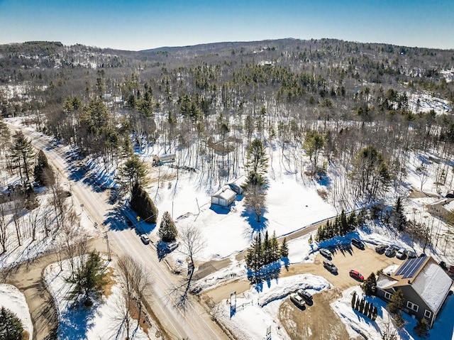 snowy aerial view with a forest view and a mountain view