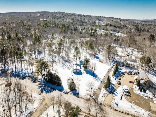 snowy aerial view with a view of trees