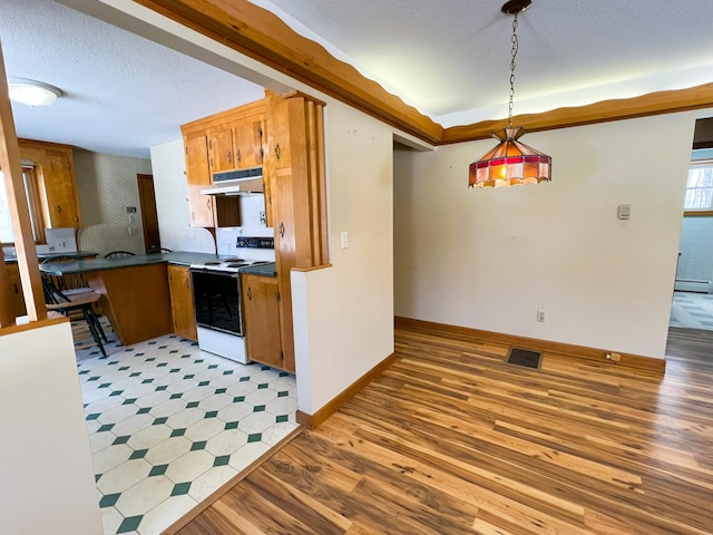 kitchen with brown cabinetry, visible vents, under cabinet range hood, and white range with electric cooktop